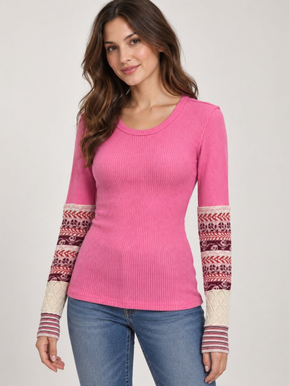 We The Free M Pink Thermal Top Fair Isle Patchwork Long Sleeve Boho